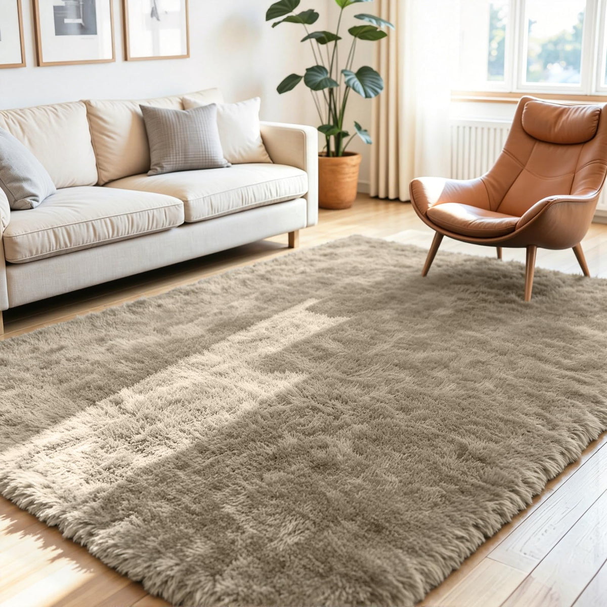 8x10 Fluffy Area Rug for Living Room: Non-Slip Grey Camel Bedroom Carpet