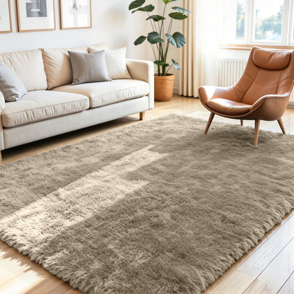 8x10 Fluffy Area Rug for Living Room: Non-Slip Grey Camel Bedroom Carpet