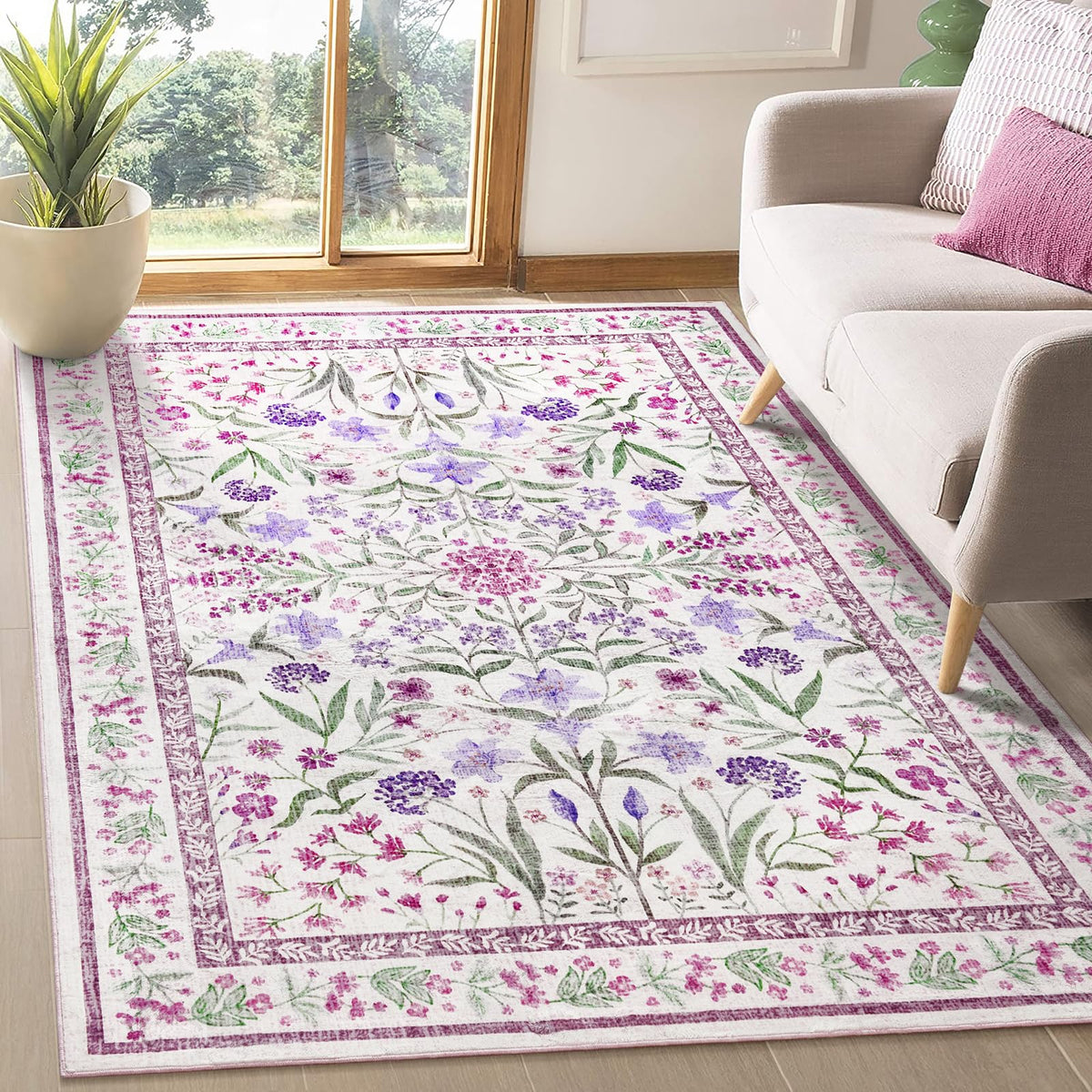 Amearea 6x9 Pink Rugs for Bedroom Girls, Floral Area Rugs for Living Room