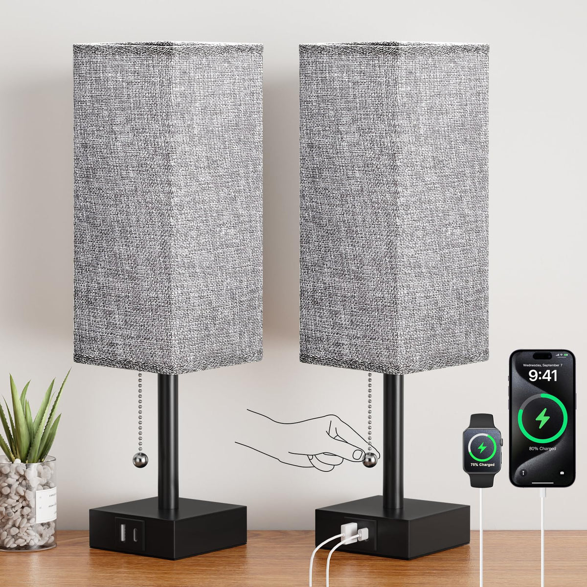 Small Bedside Table Lamp for Bedroom - Desk Lamp For Nightstand, USB C+A