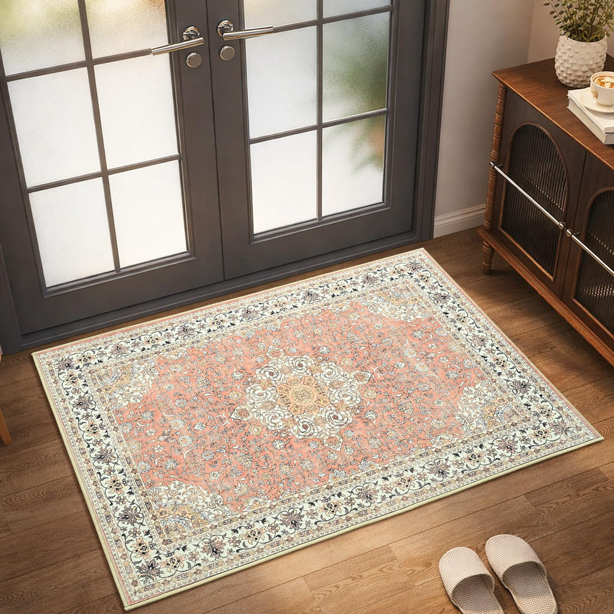 Goideal Washable Rug 4x6, Beige Area Rugs Non Slip, Indoor Low Pile Carpet with Rubber Backing for Living Room Kitchen Bathroom Entryway Office Bedroom