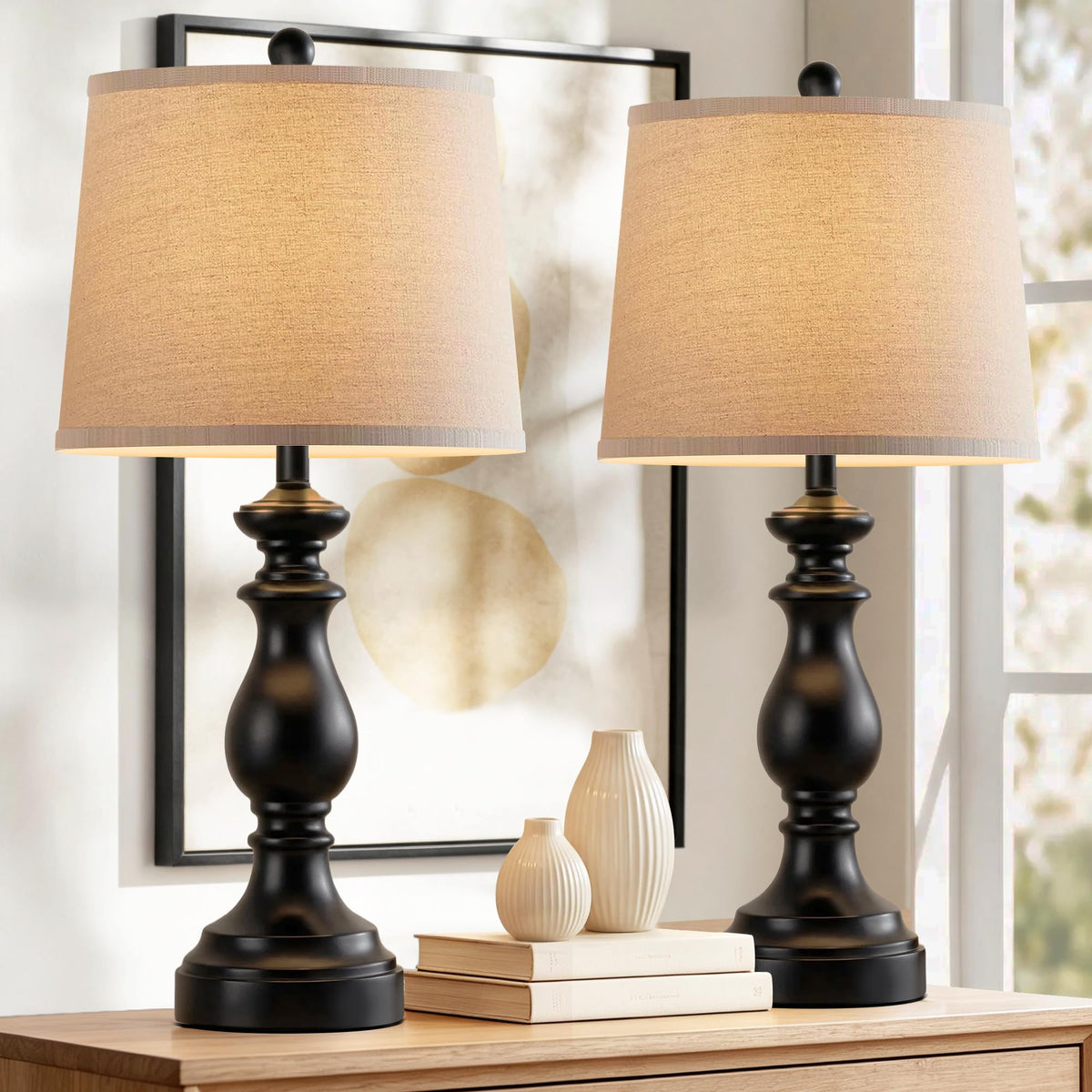 PARTPHONER Traditional Table Lamp Set of 2, Rustic Farmhouse Table Lamps for Living Room Bedroom, 22" Bedside Desk Lamps Vintage Nightstand Lamps with Linen Shades, Black