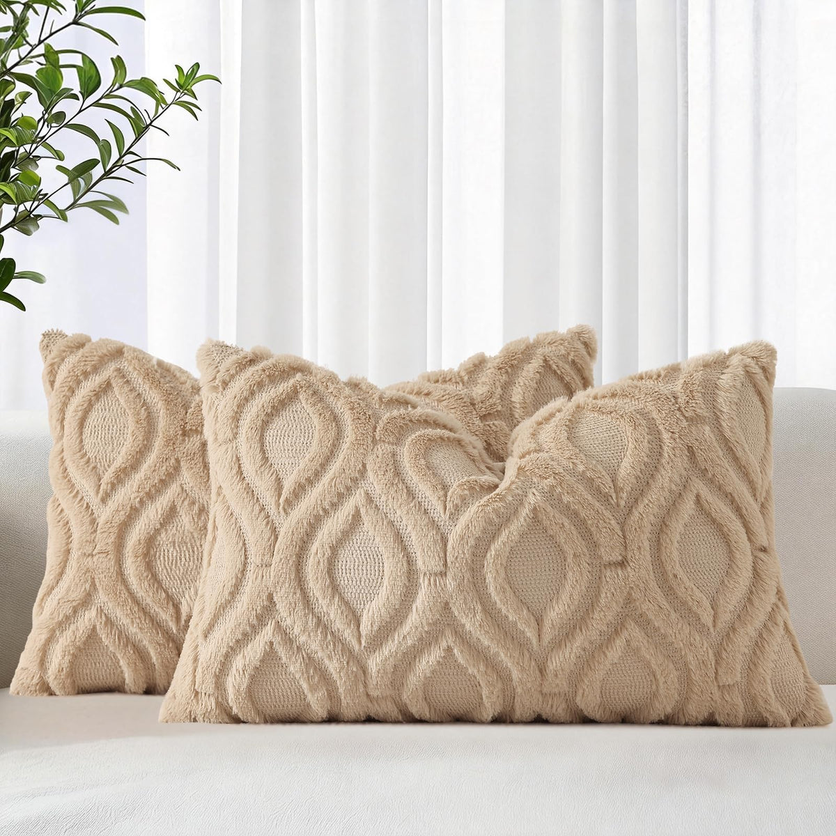 decorUhome Faux Fur Plush Soft Beige Throw Pillow Covers 18x18 Set of 2