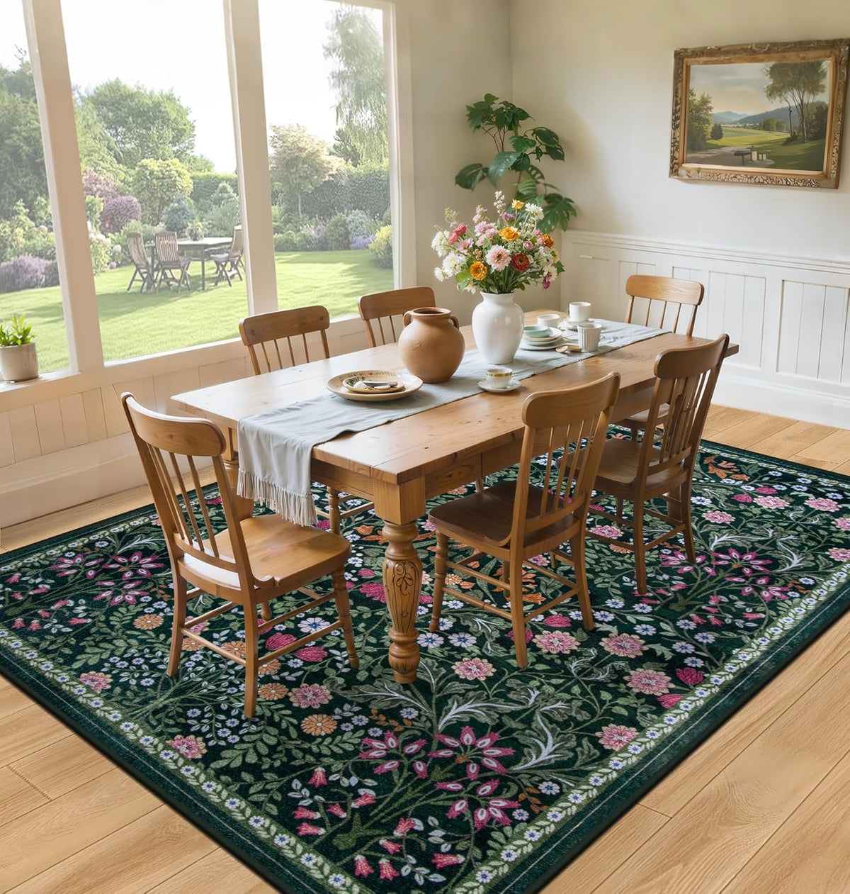 PLHXFR Area Rug Living Room: 5x7 Floral Washable Boho Carpet Dark Green