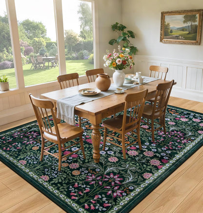 PLHXFR Area Rug Living Room: 5x7 Floral Washable Boho Carpet Dark Green