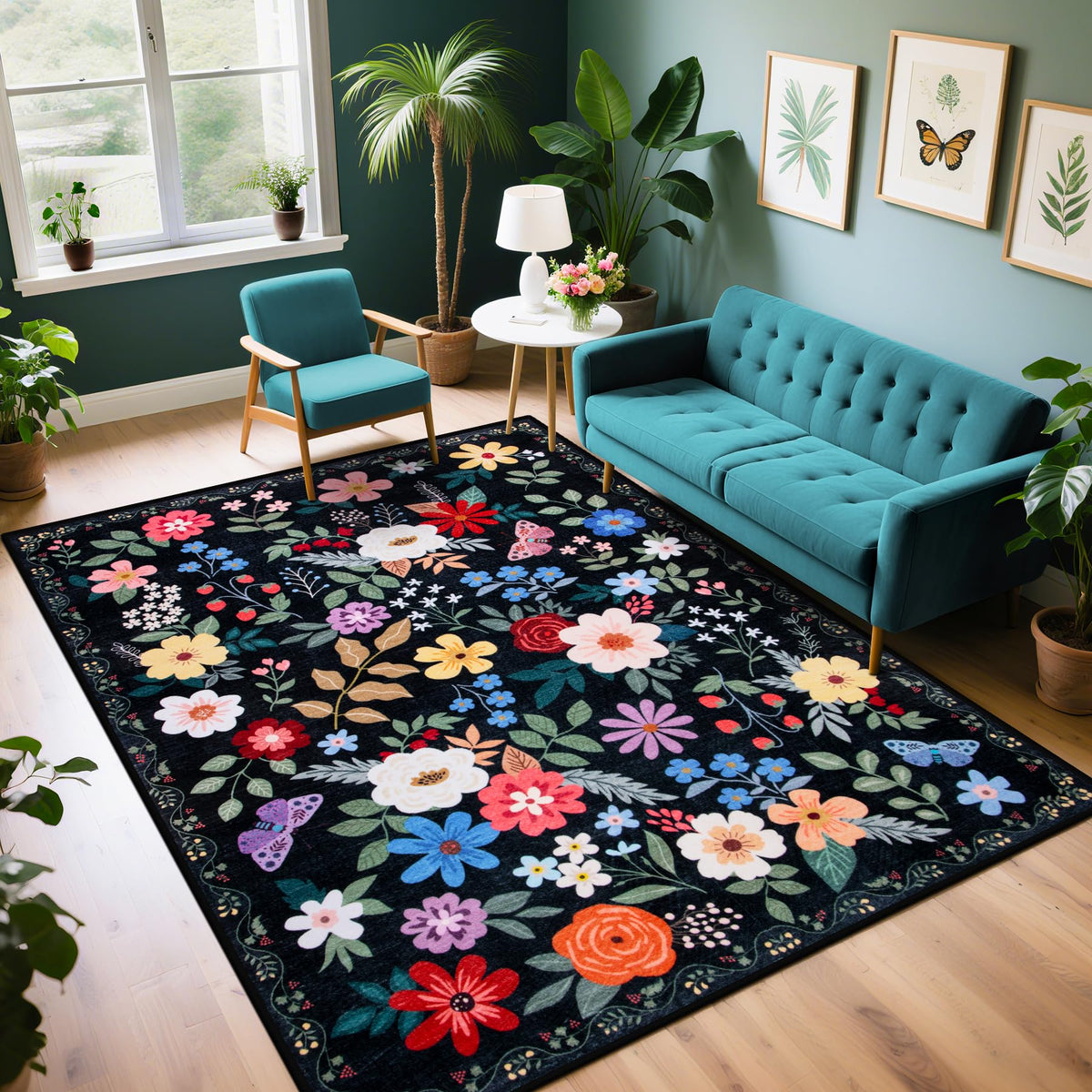 PLHXFR Area Rug Living Room: 5x7 Floral Washable Boho Carpet Dark Green