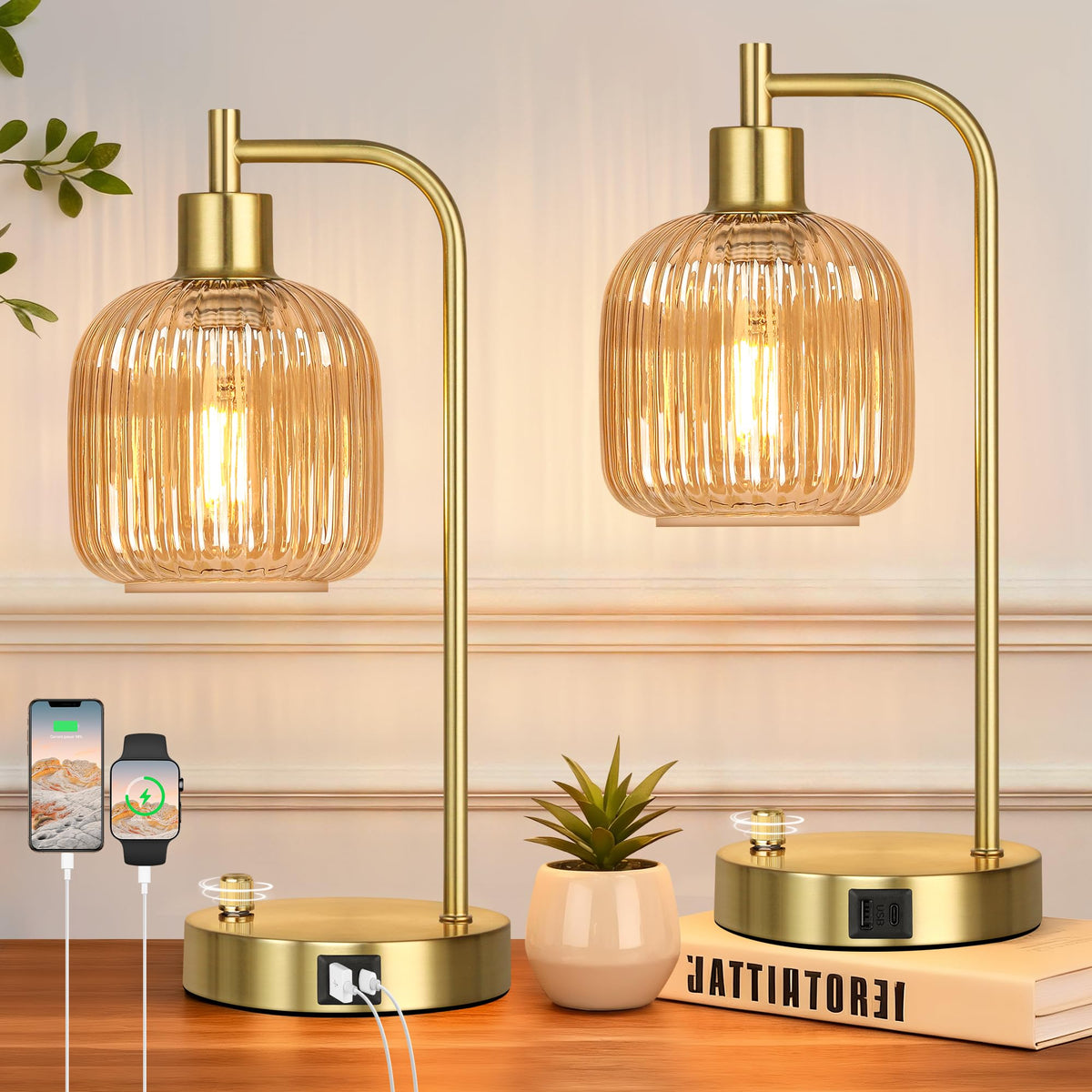 Green Glass Table Lamps Set of 2, Dimmable Bedside Lamps for Living Room