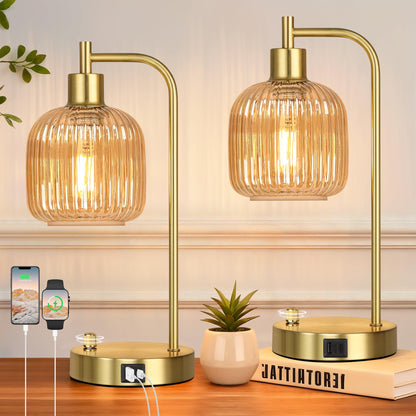 Green Glass Table Lamps Set of 2, Dimmable Bedside Lamps for Living Room