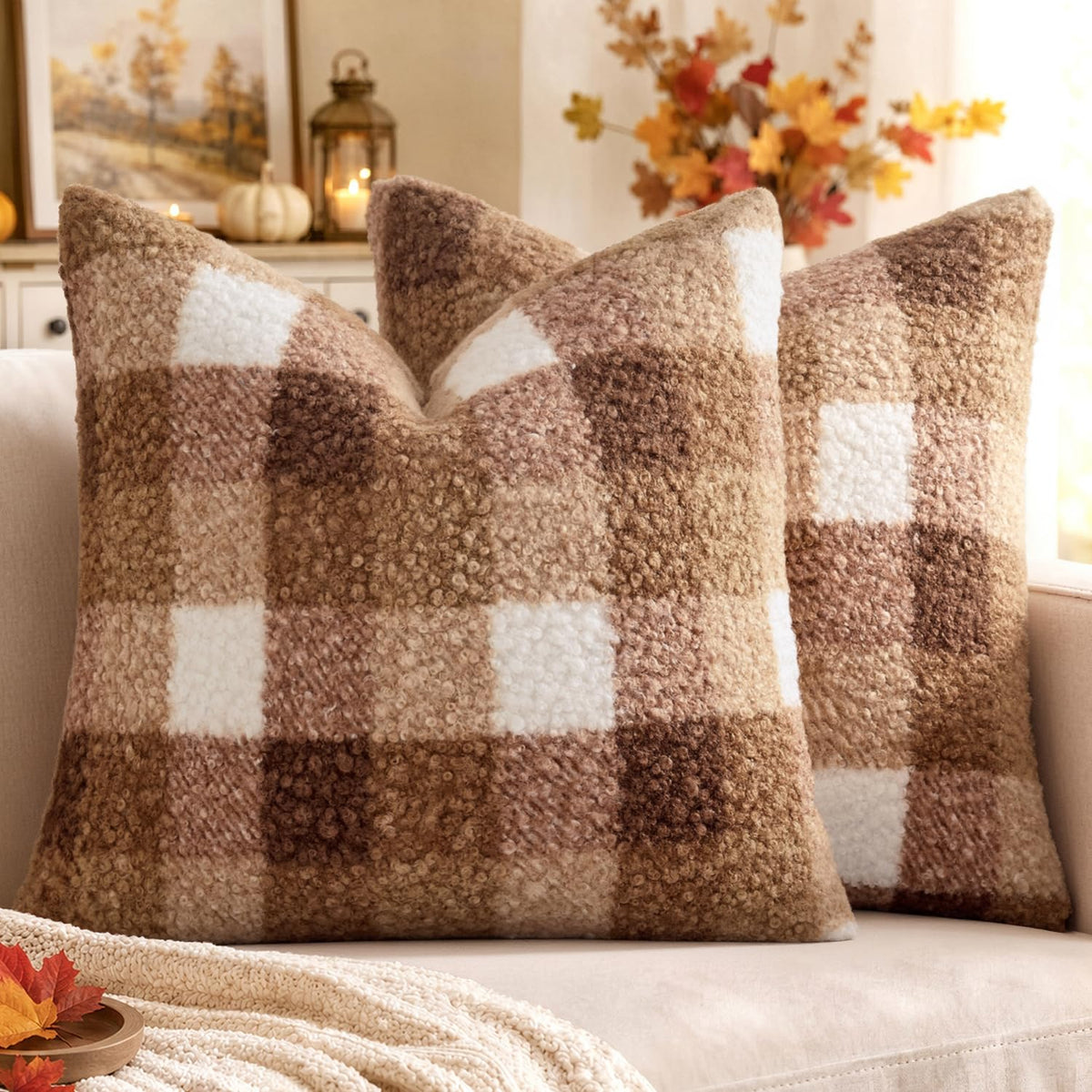 MIULEE Fall Plaid Pillow Covers Boucle Orange 18x18 Set of 2