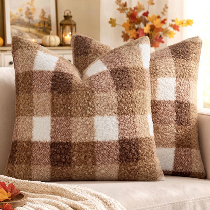 MIULEE Fall Plaid Pillow Covers Boucle Orange 18x18 Set of 2