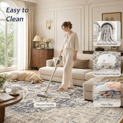 Tortania Area Rug 5x7 Living Room Rug Washable Soft Cream/Blue