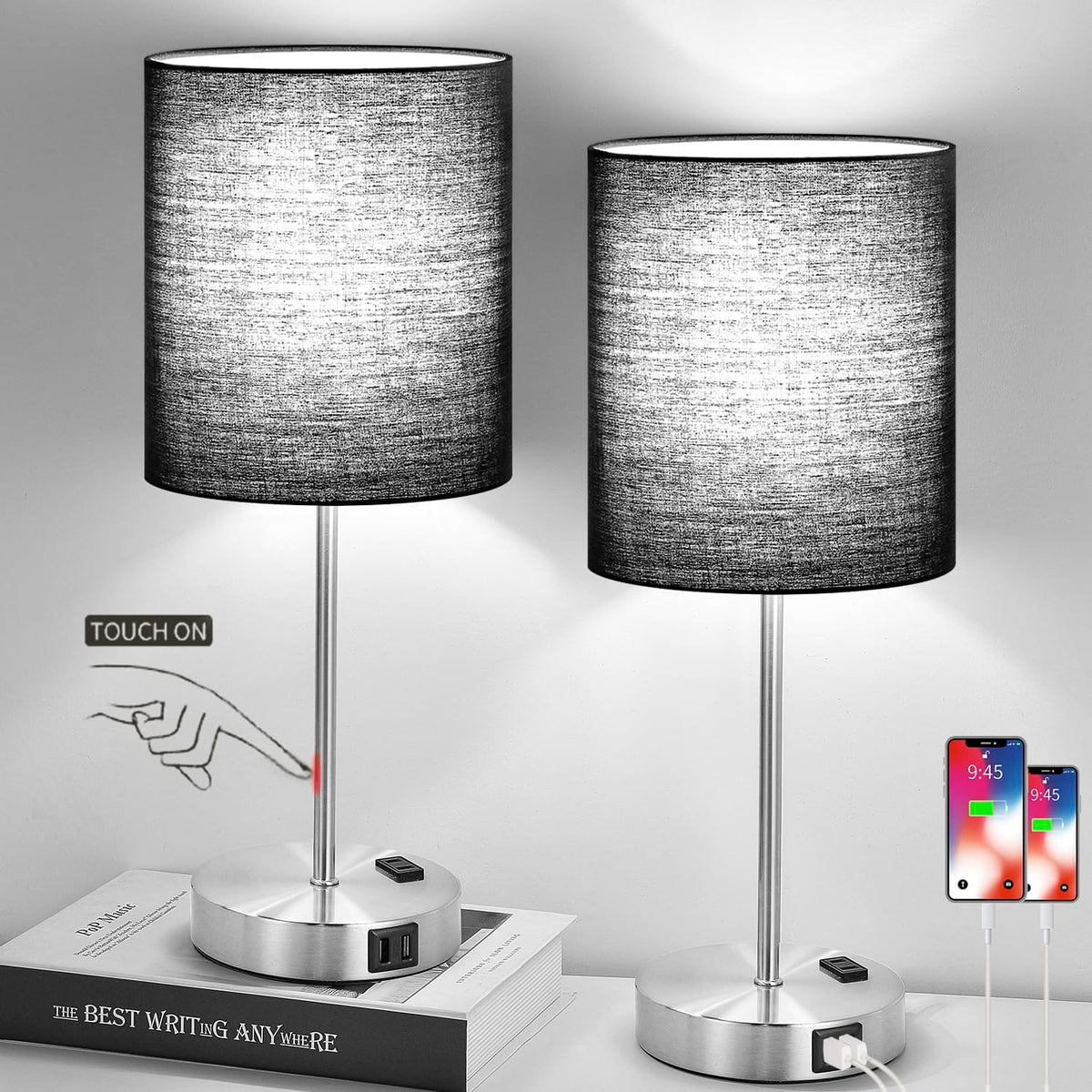 Set of 2 Touch Control Table Lamps with 2 USB & AC Outlet, 3-Way Dimmable Bedside Nightstand Lamps for Bedroom Living Room Nursery, 800 Lumens 5000K Daylight Bulbs Included