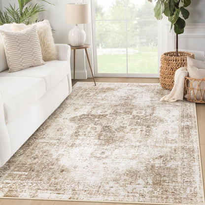 Area Rug 8x10 Washable Rug, Vintage Boho Medallion Rugs Non-Slip Soft Low Pile Large Distressed Rug Indoor Retro Carpet for Living Room Bedroom Dining Room Office Children's Room(Beige, 8'x10')