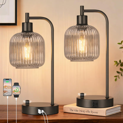 Green Glass Table Lamps Set of 2, Dimmable Bedside Lamps for Living Room