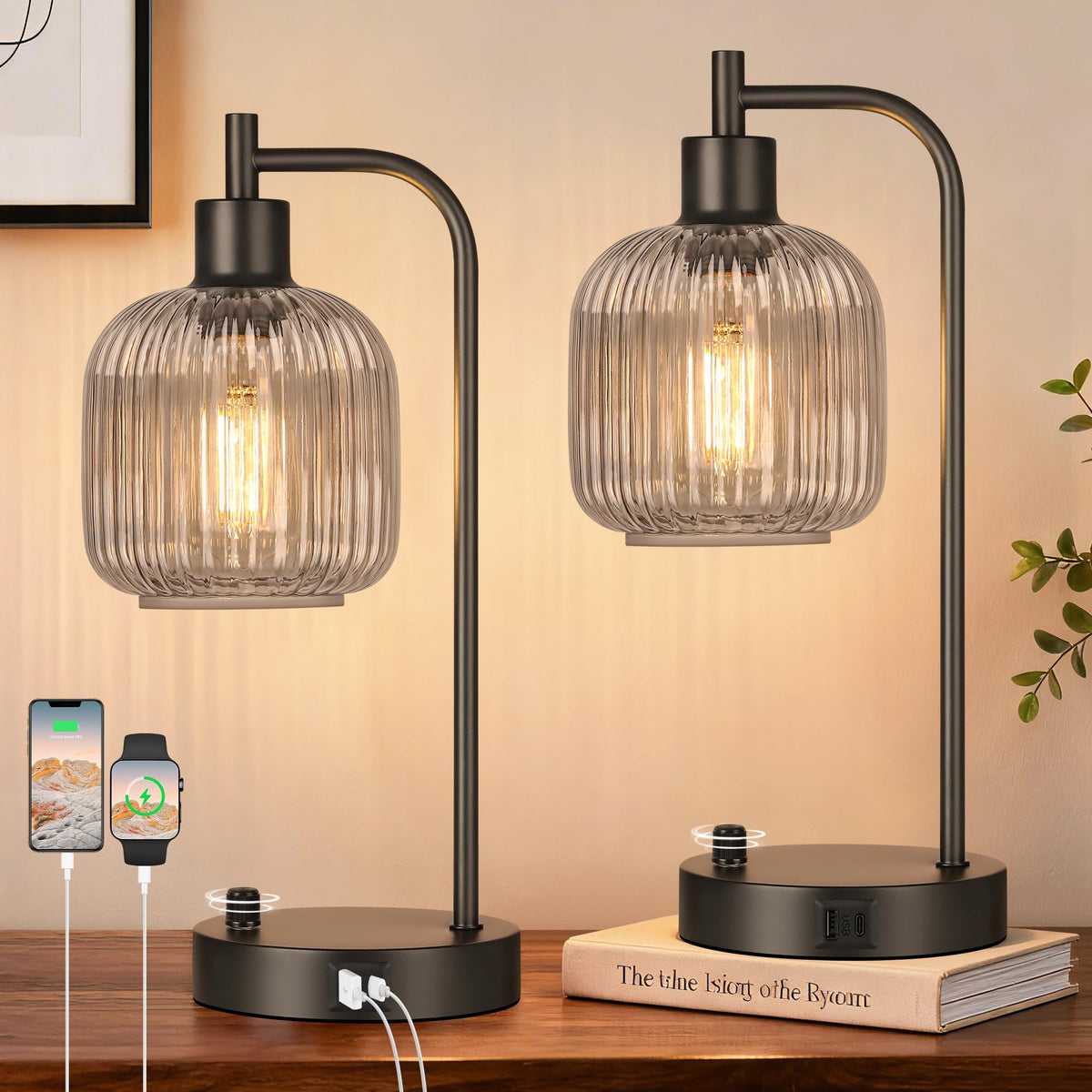 Green Glass Table Lamps Set of 2, Dimmable Bedside Lamps for Living Room