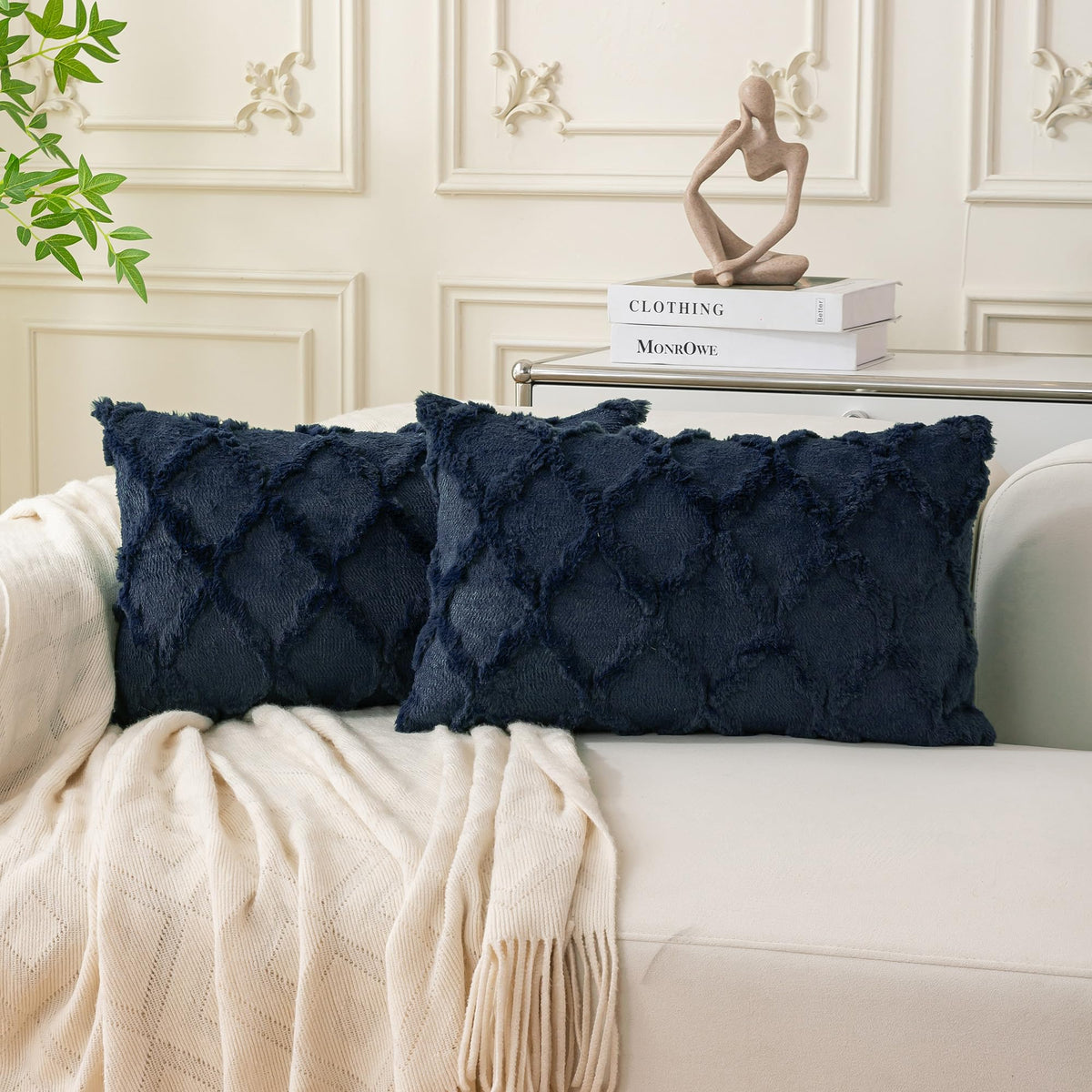 Set of 2 Soft Moroccan Throw Pillow Covers 18x18 Inch Plush Boho Decorative Pillow Cover Accent Cushion Case for Couch Sofa Bed, Beige