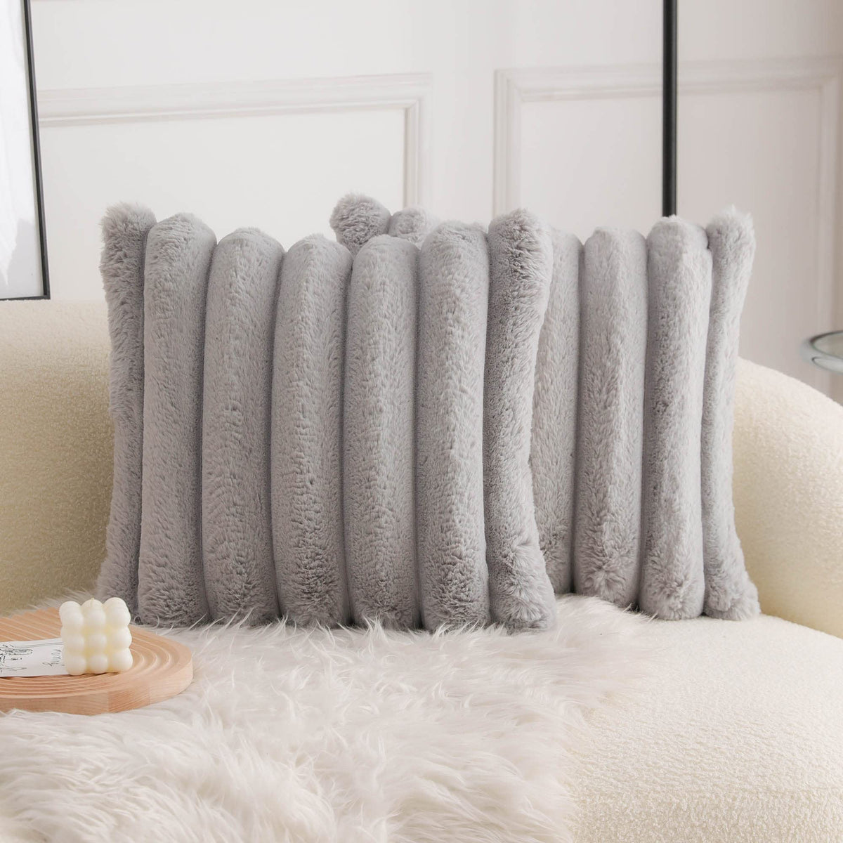 Neelvin Pink Faux Fur Cozy Soft Striped Decorative Throw Pillow Covers 18x18 inch Set of 2,Velvet Pillowcase Cushion Case for Sofa Couch