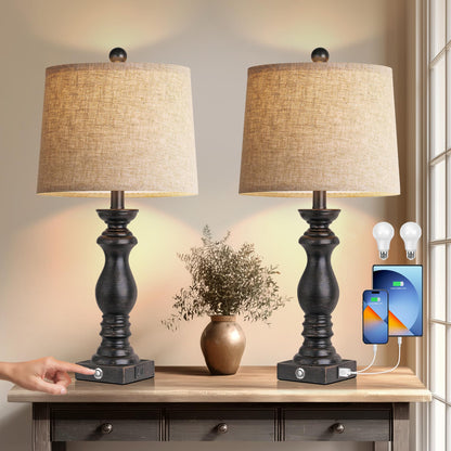 PARTPHONER Traditional Table Lamp Set of 2, Rustic Farmhouse Table Lamps for Living Room Bedroom, 22" Bedside Desk Lamps Vintage Nightstand Lamps with Linen Shades, Black
