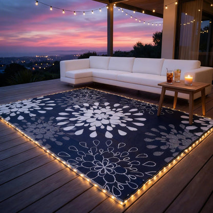 Wallona Outdoor Rug 5x8 ft, Flower Blue & White