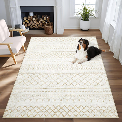 Area Rug for Living Room 6x9: Large Washable Boho Moroccan Rugs Geometric Neutral Rug, Non-Slip Foldable Morden Farmhouse Indoor Floor Carpet for Bedroom Dining Table Home(Brown Green,6'x9')