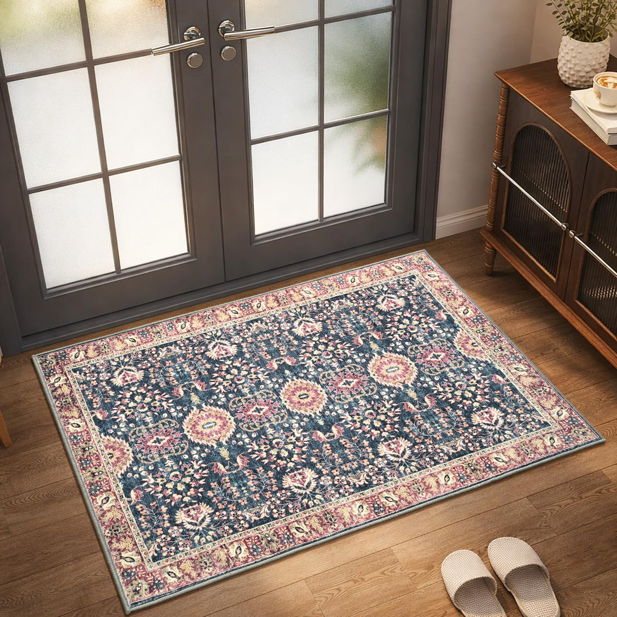 Goideal Washable Rug 4x6, Beige Area Rugs Non Slip, Indoor Low Pile Carpet with Rubber Backing for Living Room Kitchen Bathroom Entryway Office Bedroom