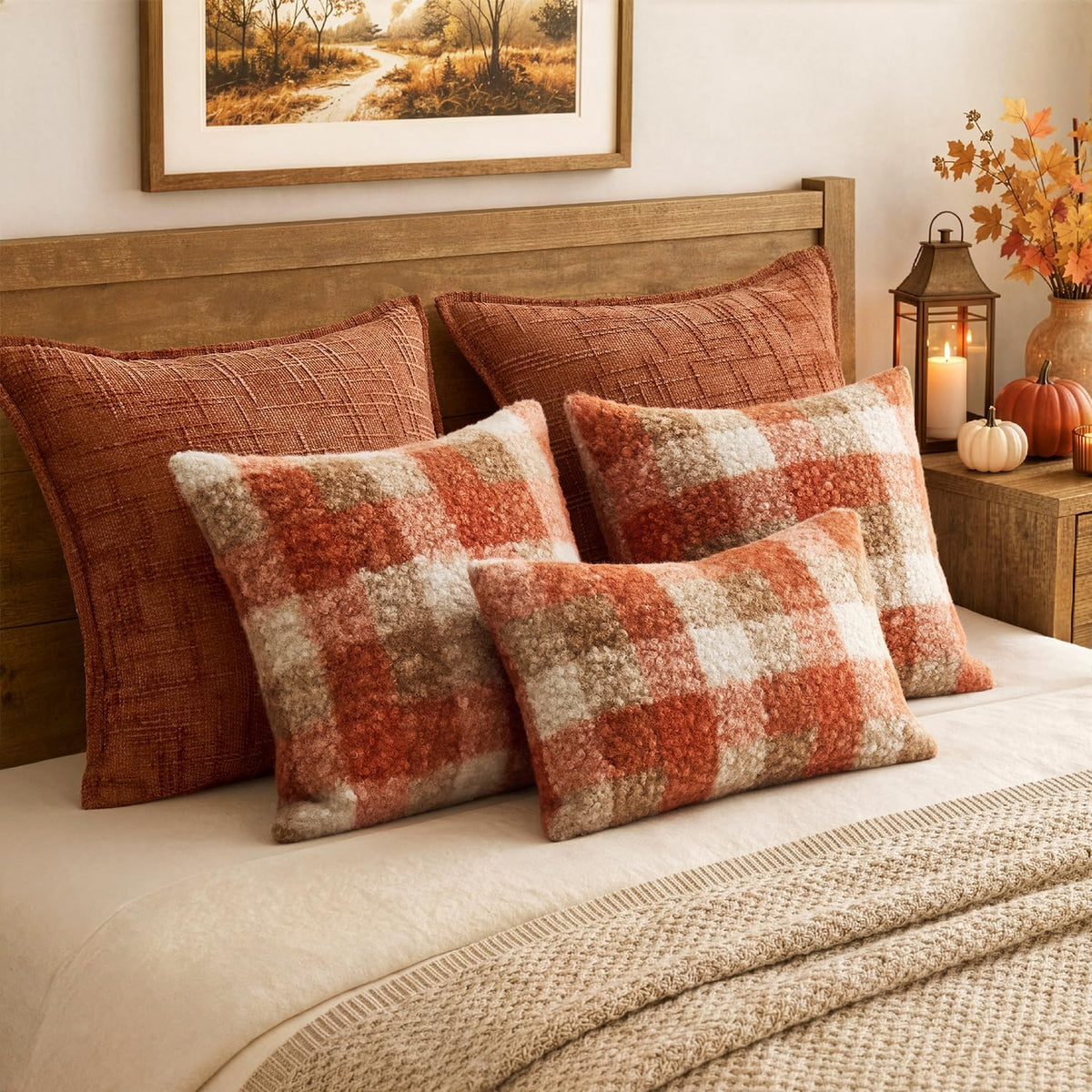 MIULEE Fall Plaid Pillow Covers Boucle Orange 18x18 Set of 2