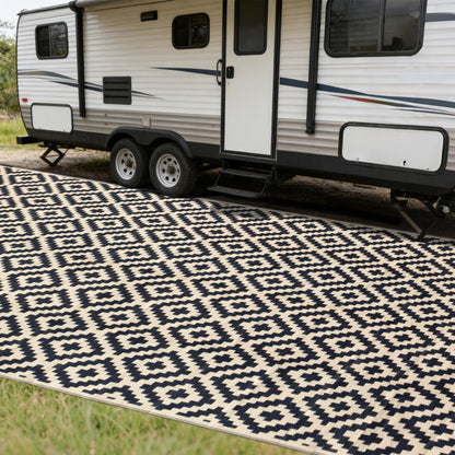 SAND MINE Waterproof Outdoor Rug 5x8 ft, Plastic Reversible Rug, Modern Area Rug, Large Floor Mat for Outdoors, RV, Patio, Backyard, Deck, Picnic, Beach, Camping, Black & Beige