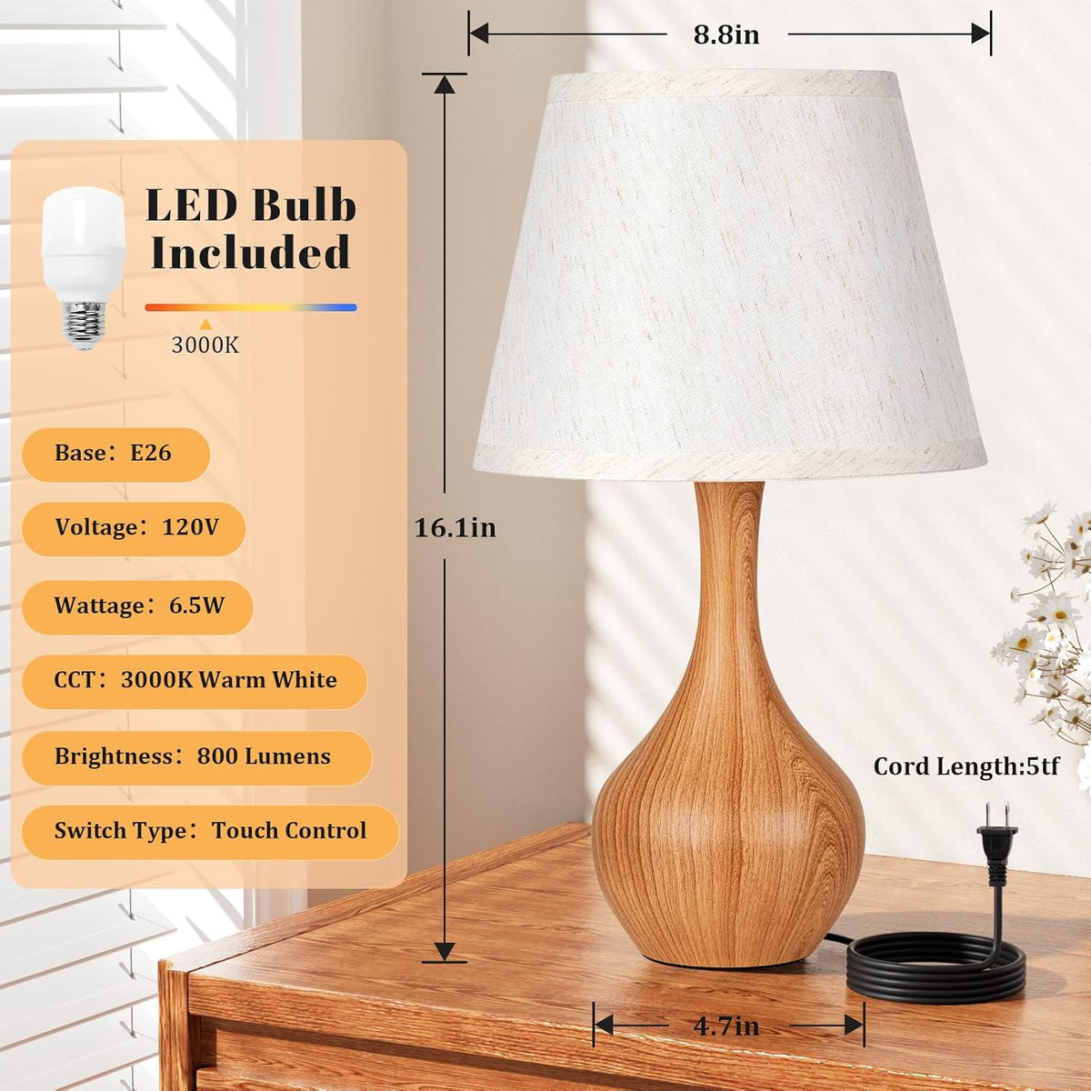 16.1" Touch Table Lamp for Nightstand, 3 Way Dimmable Small Bedroom Lamp