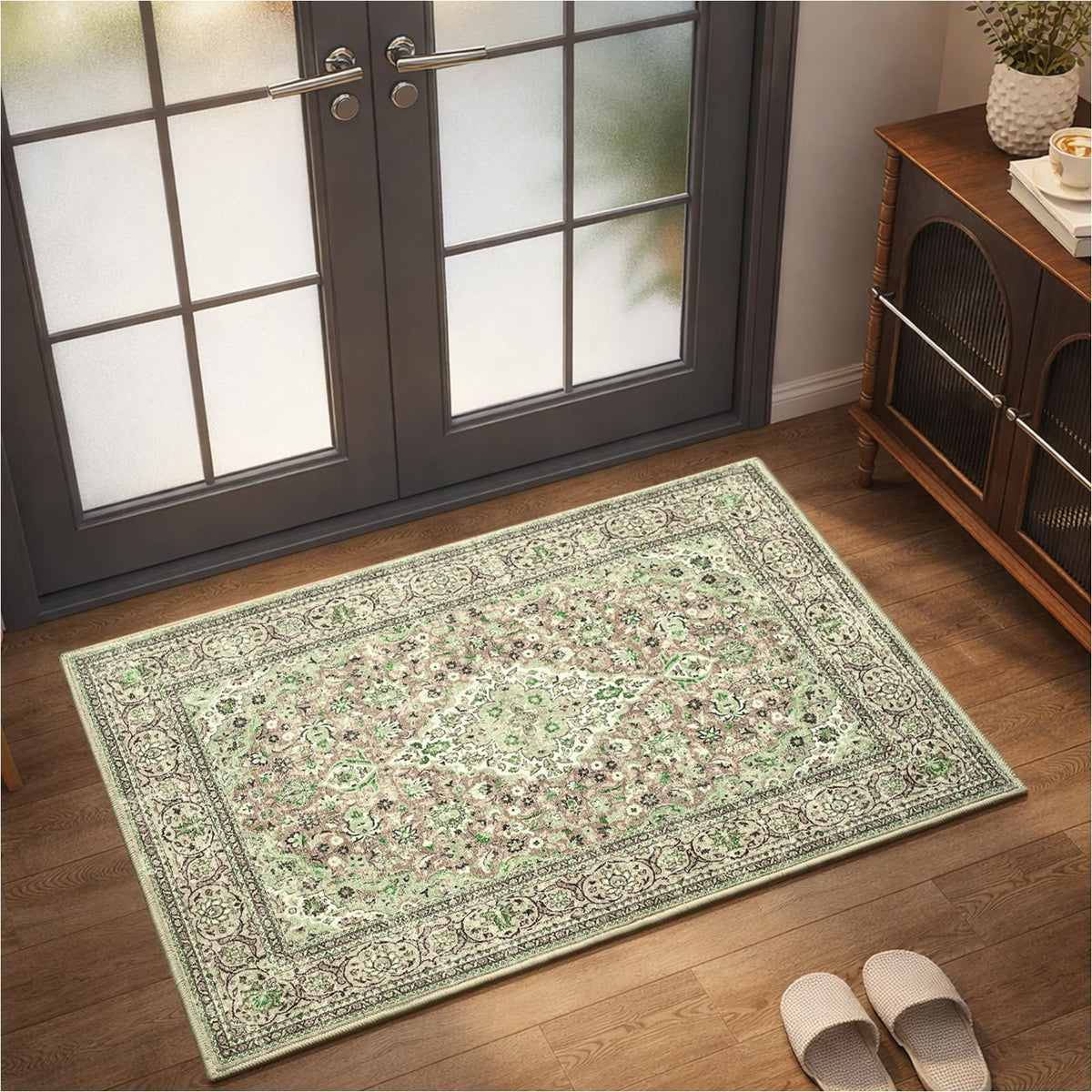 Goideal Washable Rug 4x6, Beige Area Rugs Non Slip, Indoor Low Pile Carpet with Rubber Backing for Living Room Kitchen Bathroom Entryway Office Bedroom
