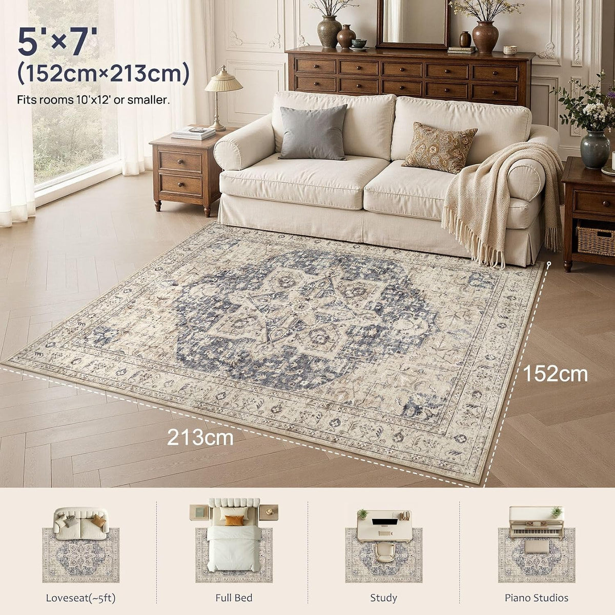 Tortania Area Rug 5x7 Living Room Rug Washable Soft Cream/Blue