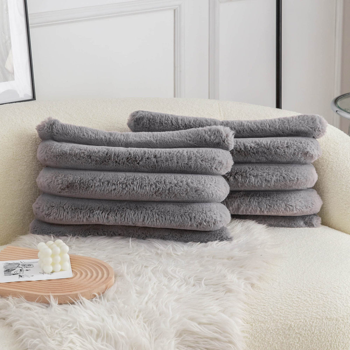 Neelvin Pink Faux Fur Cozy Soft Striped Decorative Throw Pillow Covers 18x18 inch Set of 2,Velvet Pillowcase Cushion Case for Sofa Couch