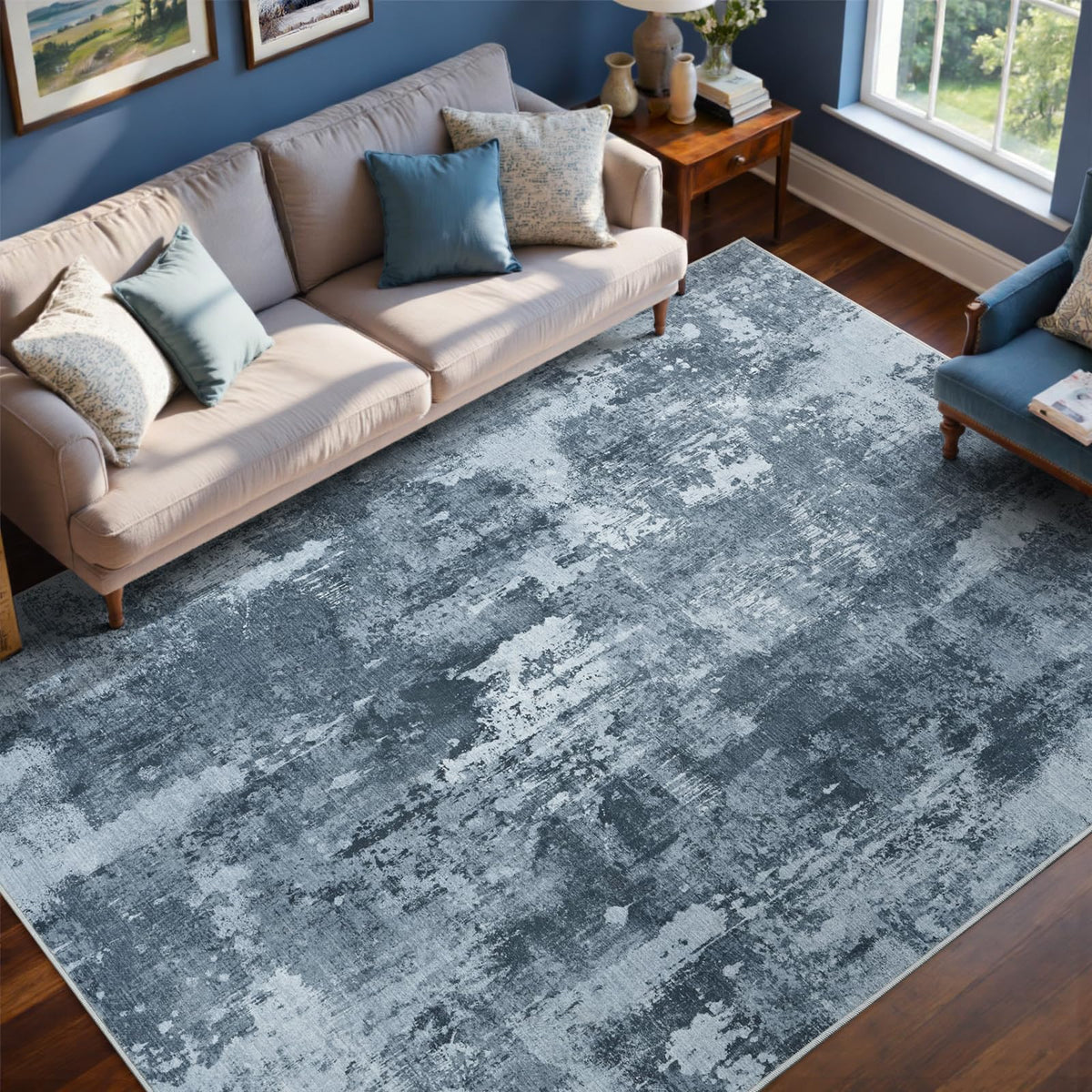 6x9 Ft Abstract Washable Area Rugs for Living Room Blue