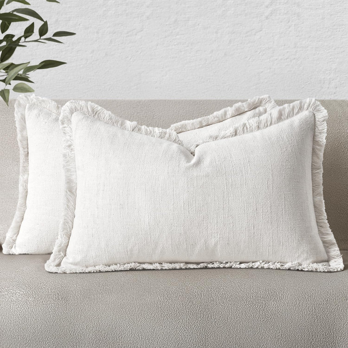 MIULEE Linen Fringe Decorative Throw Pillow Covers Natural Beige 20x20