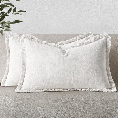 MIULEE Linen Fringe Decorative Throw Pillow Covers Natural Beige 20x20