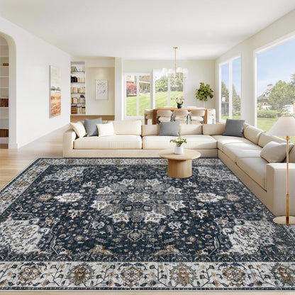 Area Rug 8x10 Washable Rug, Vintage Boho Medallion Rugs Non-Slip Soft Low Pile Large Distressed Rug Indoor Retro Carpet for Living Room Bedroom Dining Room Office Children's Room(Beige, 8'x10')