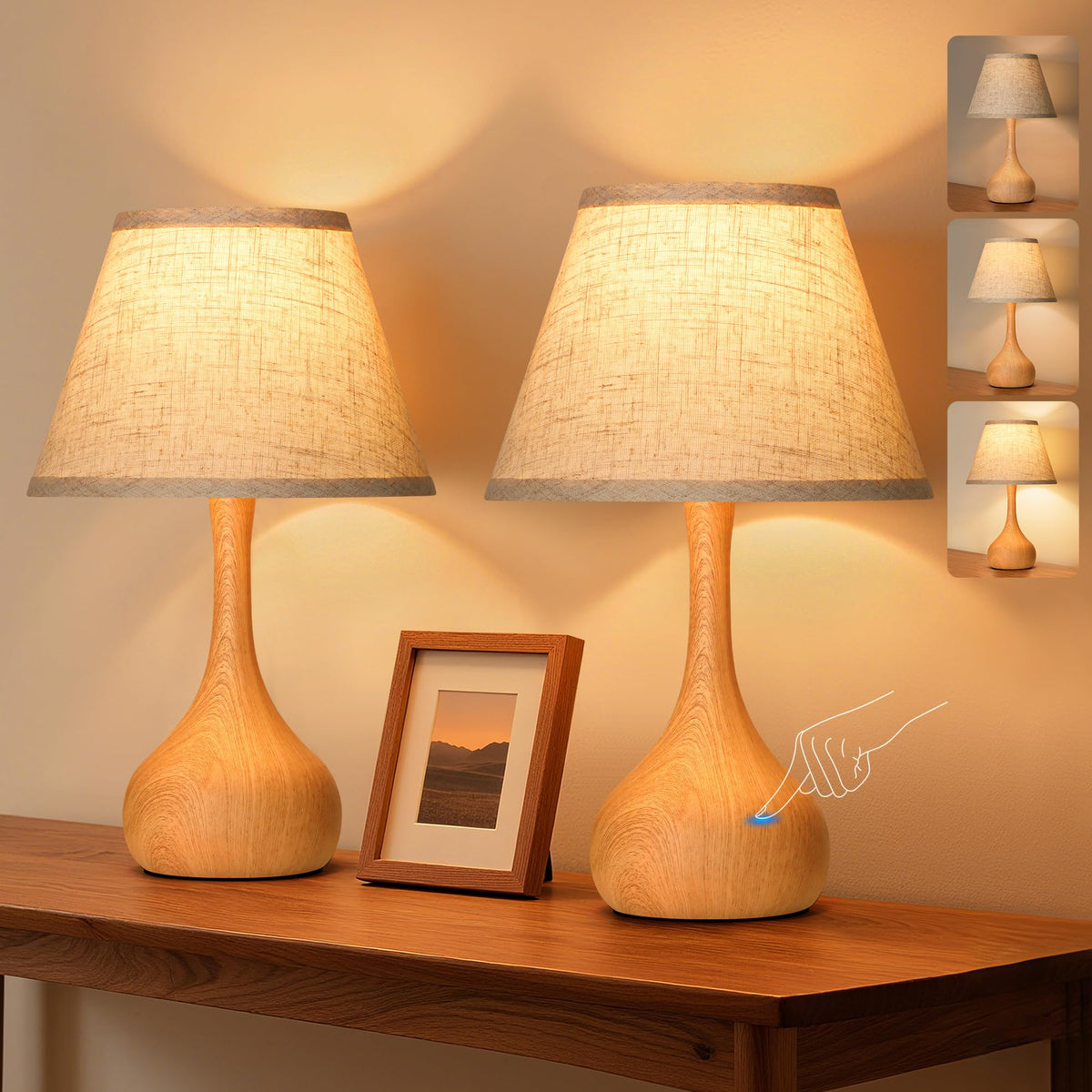 Touch Table Lamp for Bedroom Set of 2, 3-Way Dimmable Bedside Lamp for Nightstand, 17” Modern Metal Desk Lamp with Linen Shade for Living Room, Kids Reading, Dorm, Home Office Decor, Bulb Included