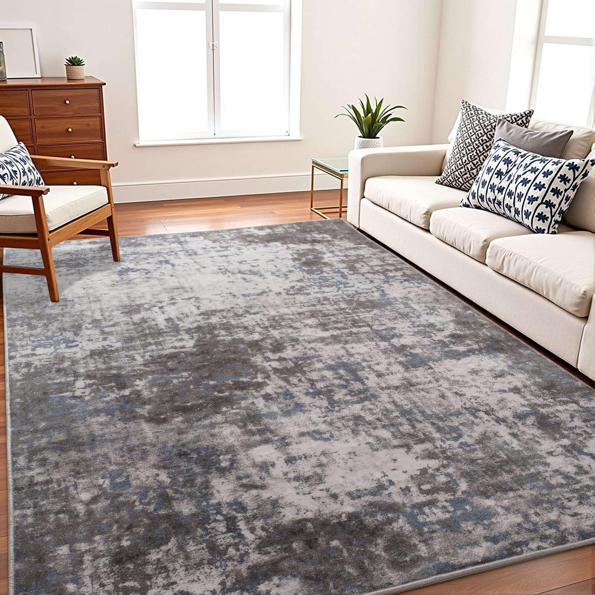 Modern Abstract 3x5 Rug, Non Slip Entryway Rug, Soft Machine Washable Rugs for Indoor Entry, Low Pile Stain Resistant Distressed Rug for Living Room, Bedroom, Dark Grey Blue