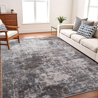 Modern Abstract 3x5 Rug, Non Slip Entryway Rug, Soft Machine Washable Rugs for Indoor Entry, Low Pile Stain Resistant Distressed Rug for Living Room, Bedroom, Dark Grey Blue