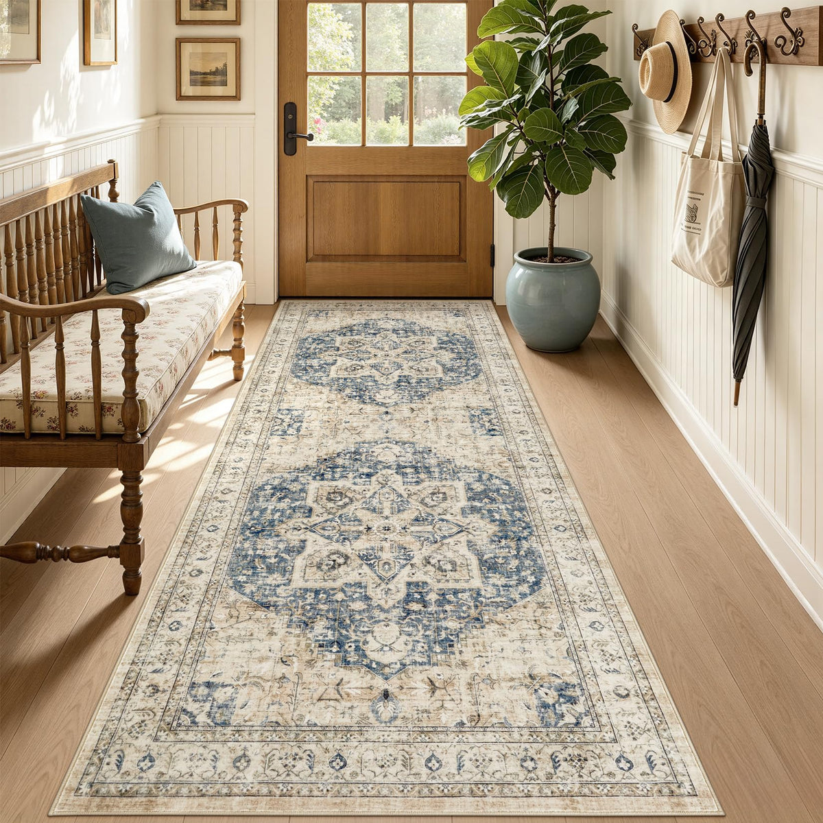 Tortania Area Rug 5x7 Living Room Rug Washable Soft Cream/Blue