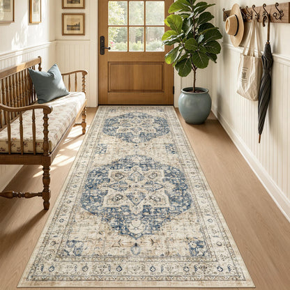 Tortania Area Rug 5x7 Living Room Rug Washable Soft Cream/Blue