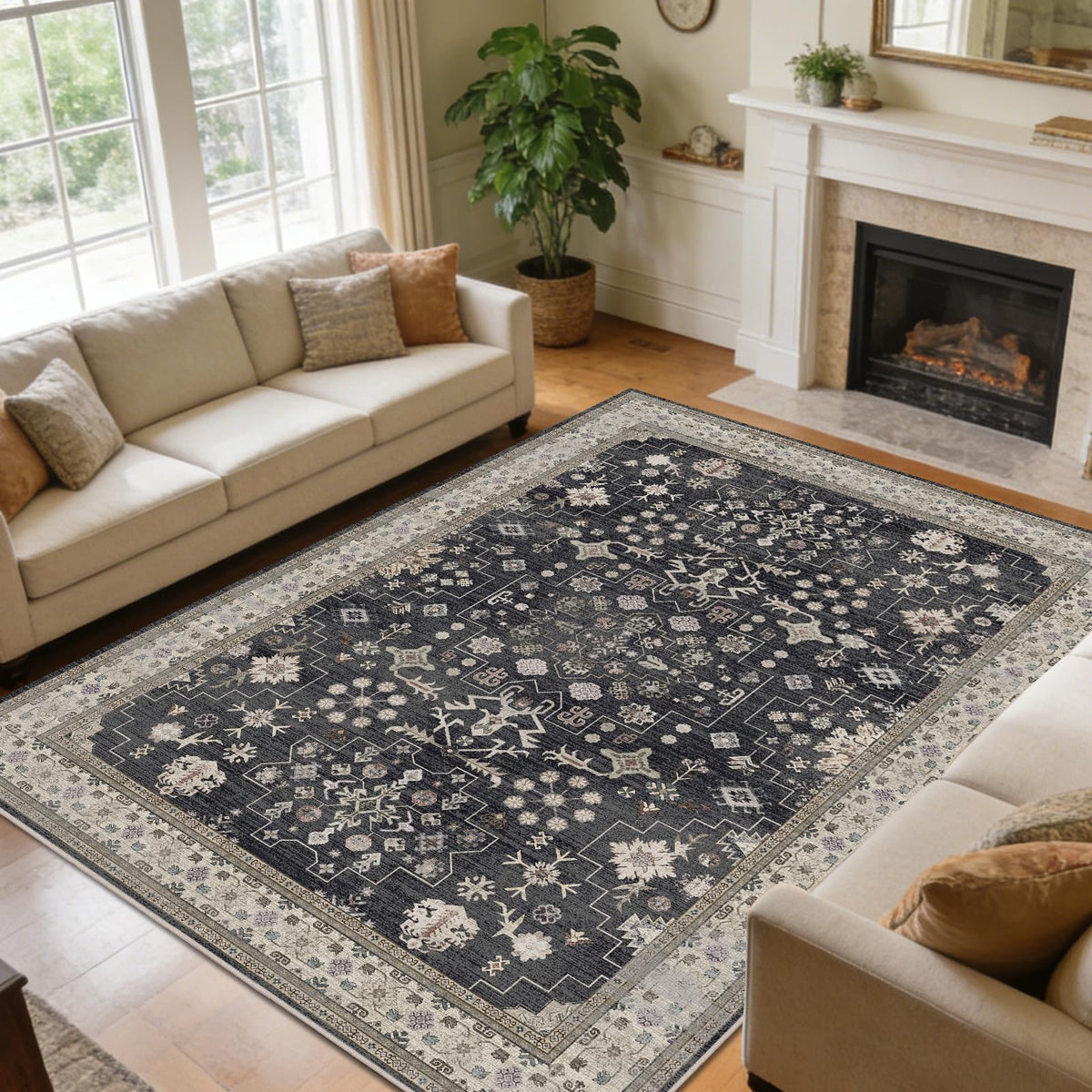 8x10 Washable Area Rugs for Living Room (Charcoal Blush Ivory)