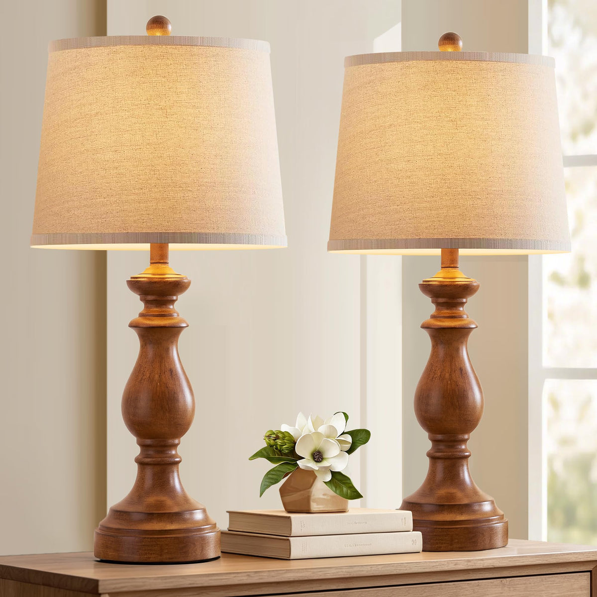PARTPHONER Traditional Table Lamp Set of 2, Rustic Farmhouse Table Lamps for Living Room Bedroom, 22" Bedside Desk Lamps Vintage Nightstand Lamps with Linen Shades, Black