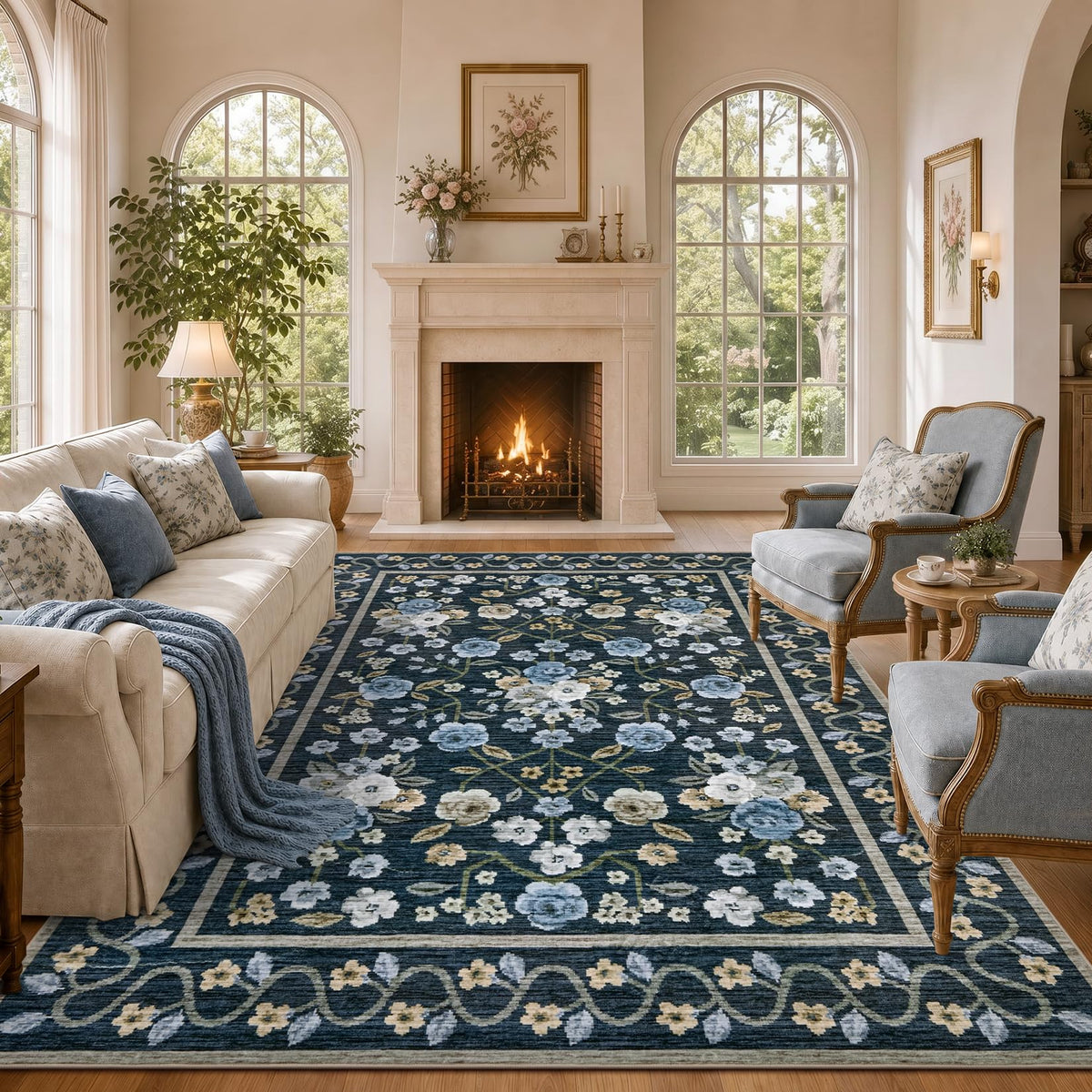 Garvee Beige Floral 5x7 Area Rug for Bedroom Living Room