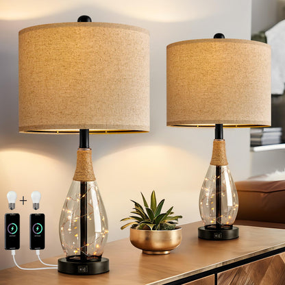OYEARS Bedside Table Lamp with USB, 23‘’ Black Modern Nightstand Lamps for Bedroom, Retro Rattan Table Lamps for Night Stands, Living Room, Farmhouse Table Lamp with Glass Nightlight Lamps