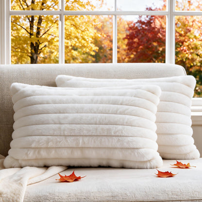 Set of 2 Decorative Throw Pillow Covers 18x18, Faux Fur Cream White