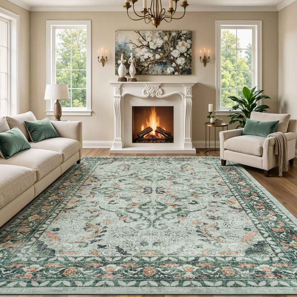 8x10 Area Rugs for Living Room Green Washable Non-Slip Large Carpet