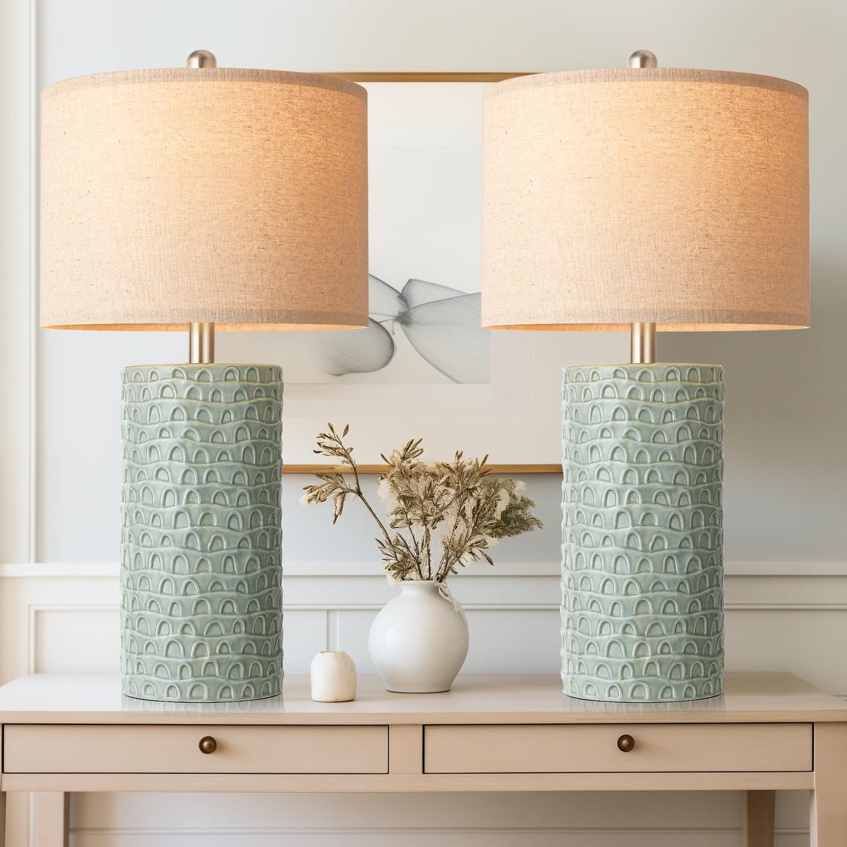 PARTPHONER 23" Modern Ceramic Table Lamp Set of 2, Table Lamps for Living Room, Rustic Farmhouse Bedside Lamps Nightstand lamp for Bedroom, White Desk Lamp for End Table Home Decor Beige