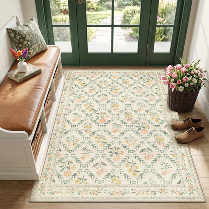 PLHXFR Area Rug Living Room: 5x7 Floral Washable Boho Carpet Dark Green