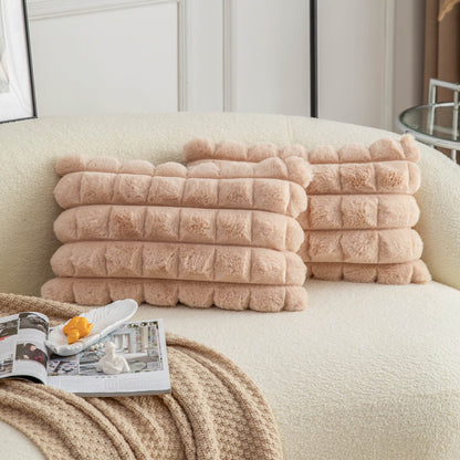 Neelvin Pink Faux Fur Cozy Soft Striped Decorative Throw Pillow Covers 18x18 inch Set of 2,Velvet Pillowcase Cushion Case for Sofa Couch