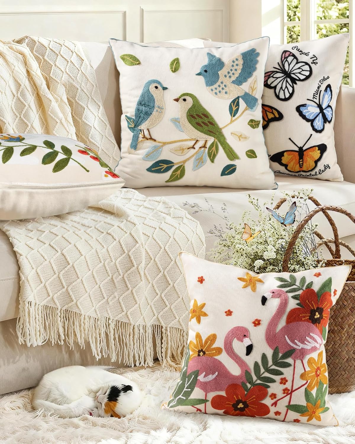 Animal Embroidered Throw Pillow Cover 18x18 Inch, Floral Birds